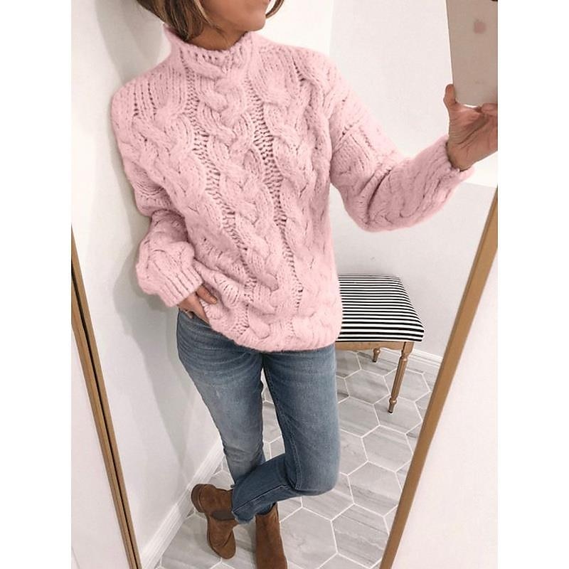 Chunky Knit Turtleneck Cardigan Sweater Yellow, Pink, & Gray