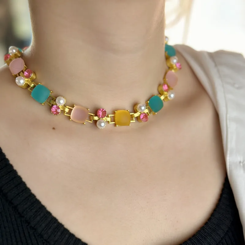 Colorful Alloy Choker Necklace with Faux Pearls