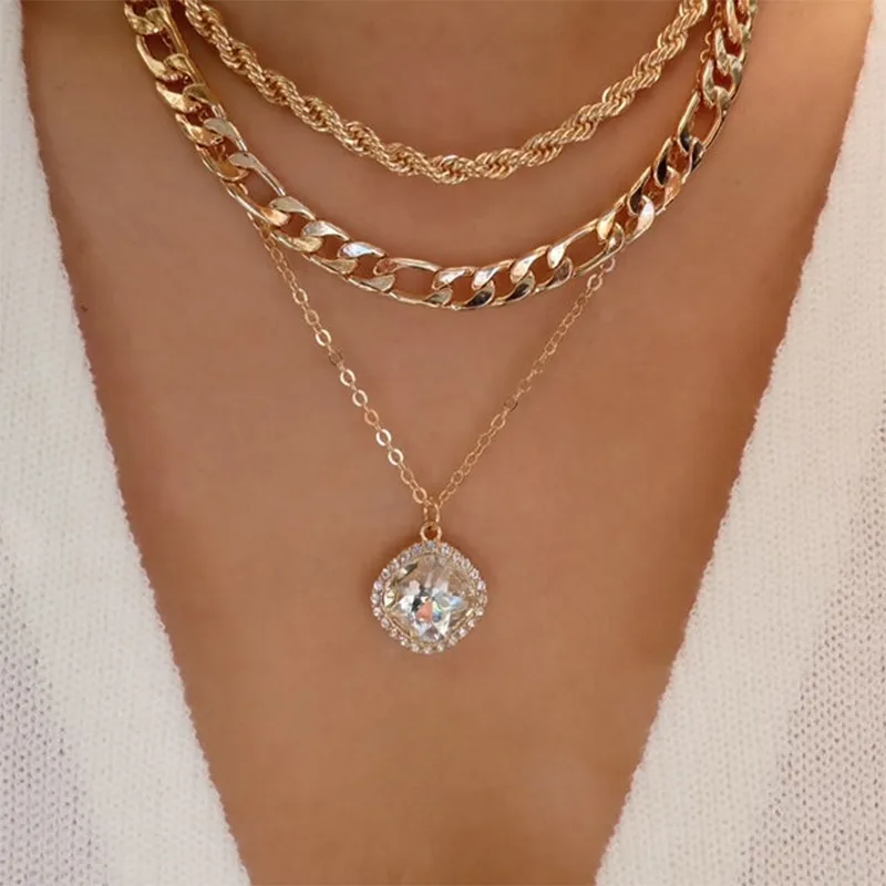Elegant Layered Rhinestone Pendant Necklace