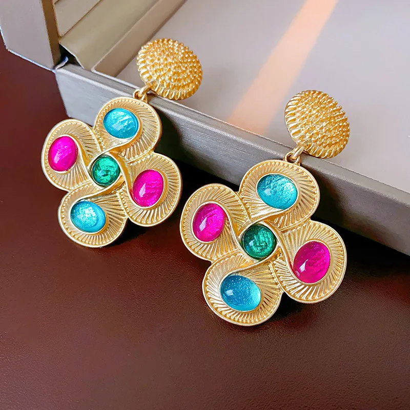 Retro Flower Inlay Alloy Opal Drop Earrings